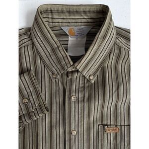 Carhartt Mens Green Brown Striped Heavyweight Work Shirt Long Sleeve Button Down